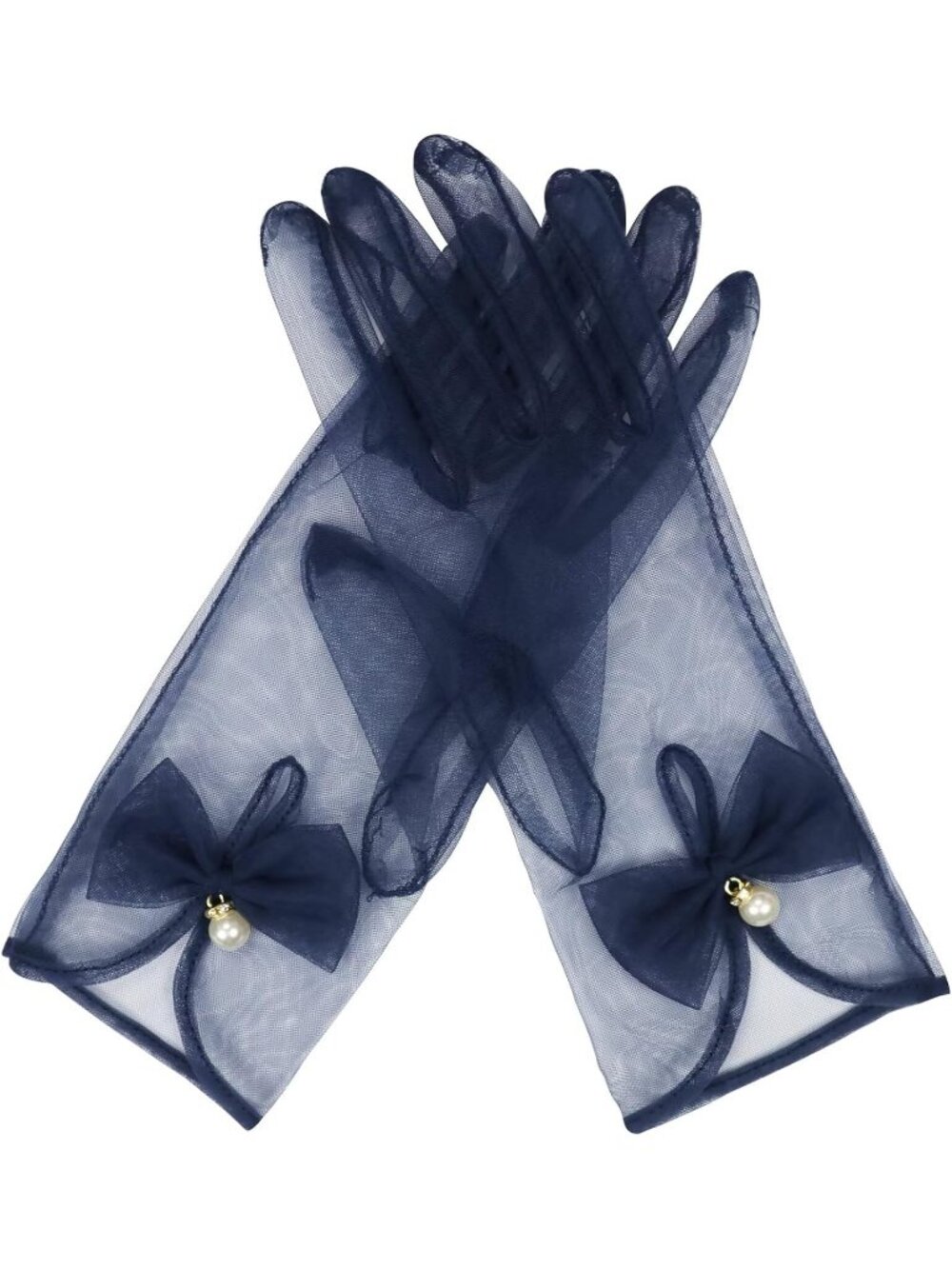 Women's Navy Wrist Length Vintage Accessories Elegant Tulle Short Mesh Gloves